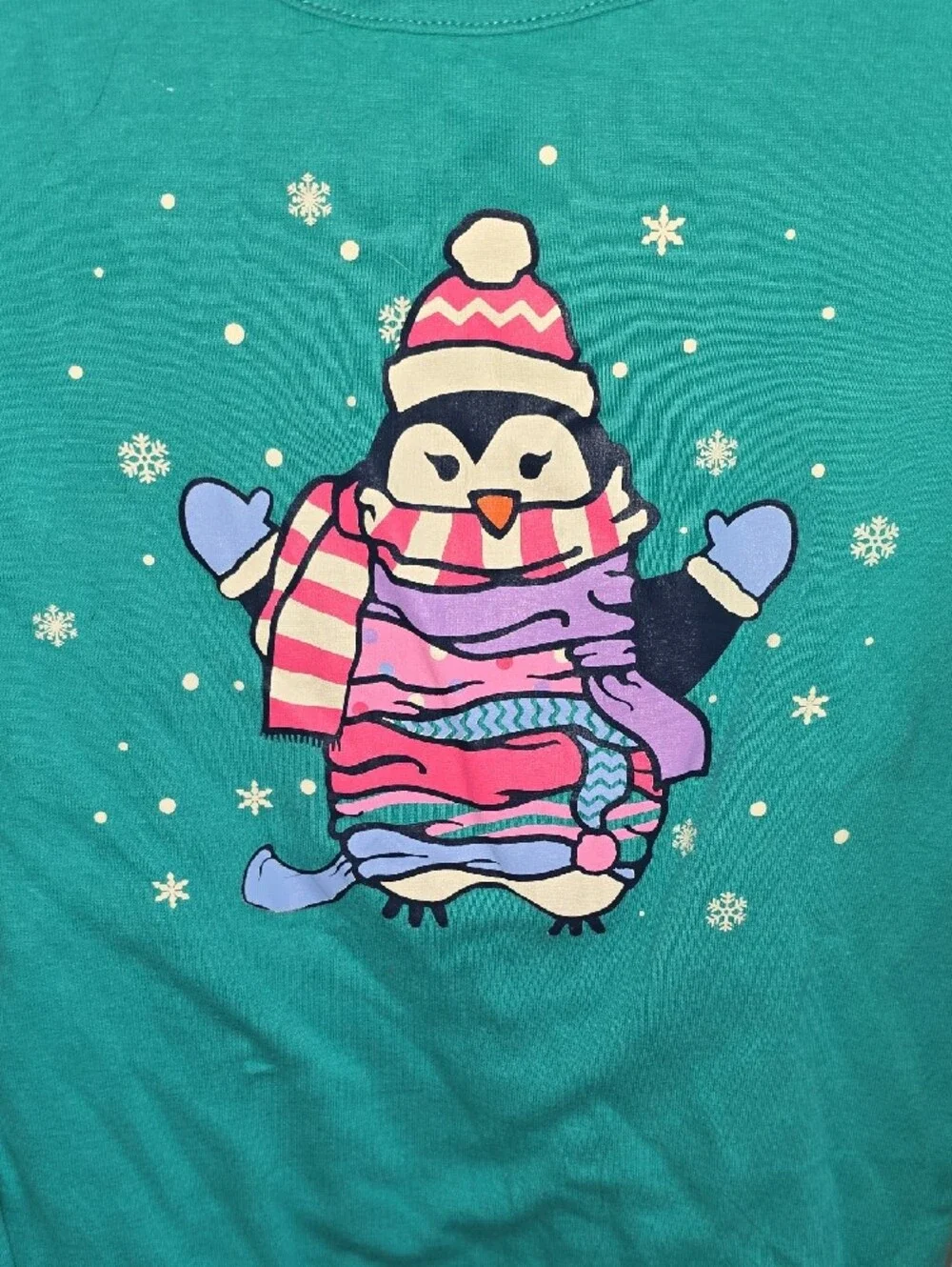 Lands' End Teal Penguin Pajama Set with Pink & Purple Accents